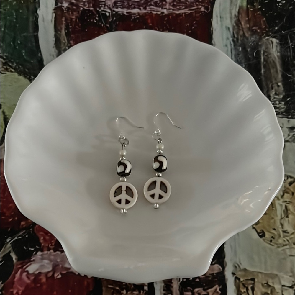 Black and White Peace Sign Earrings with Metallic Beads